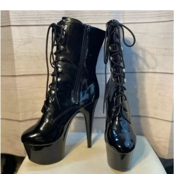 ELLIE 609 Diana High Heel Ankle Boots Patent Leather Lace Up Platform Black 8 - Picture 4 of 8